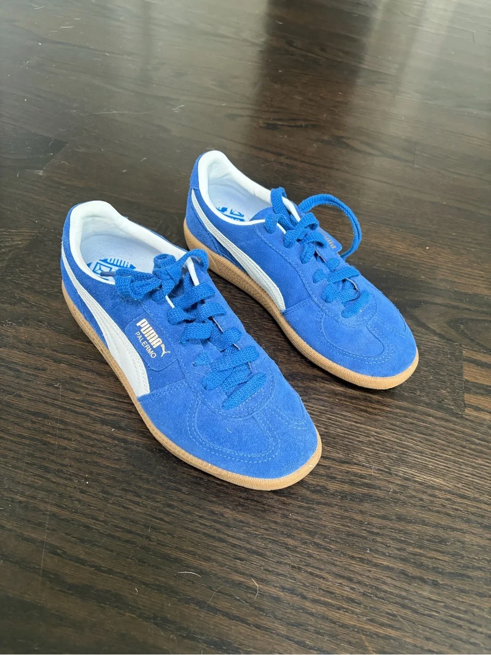 Puma Kids Palermo Blue Suede Sneakers with White Stripe